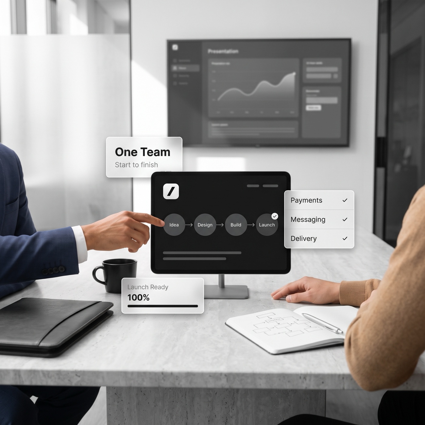 Two colleagues reviewing workflow dashboards on a tablet