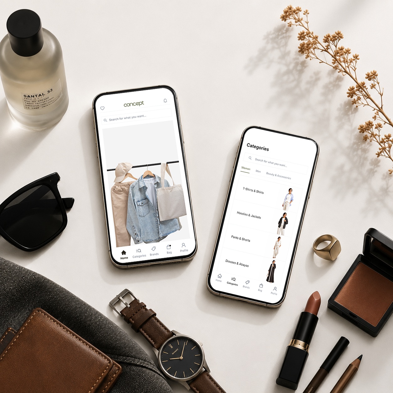 The Concept marketplace app on two phones