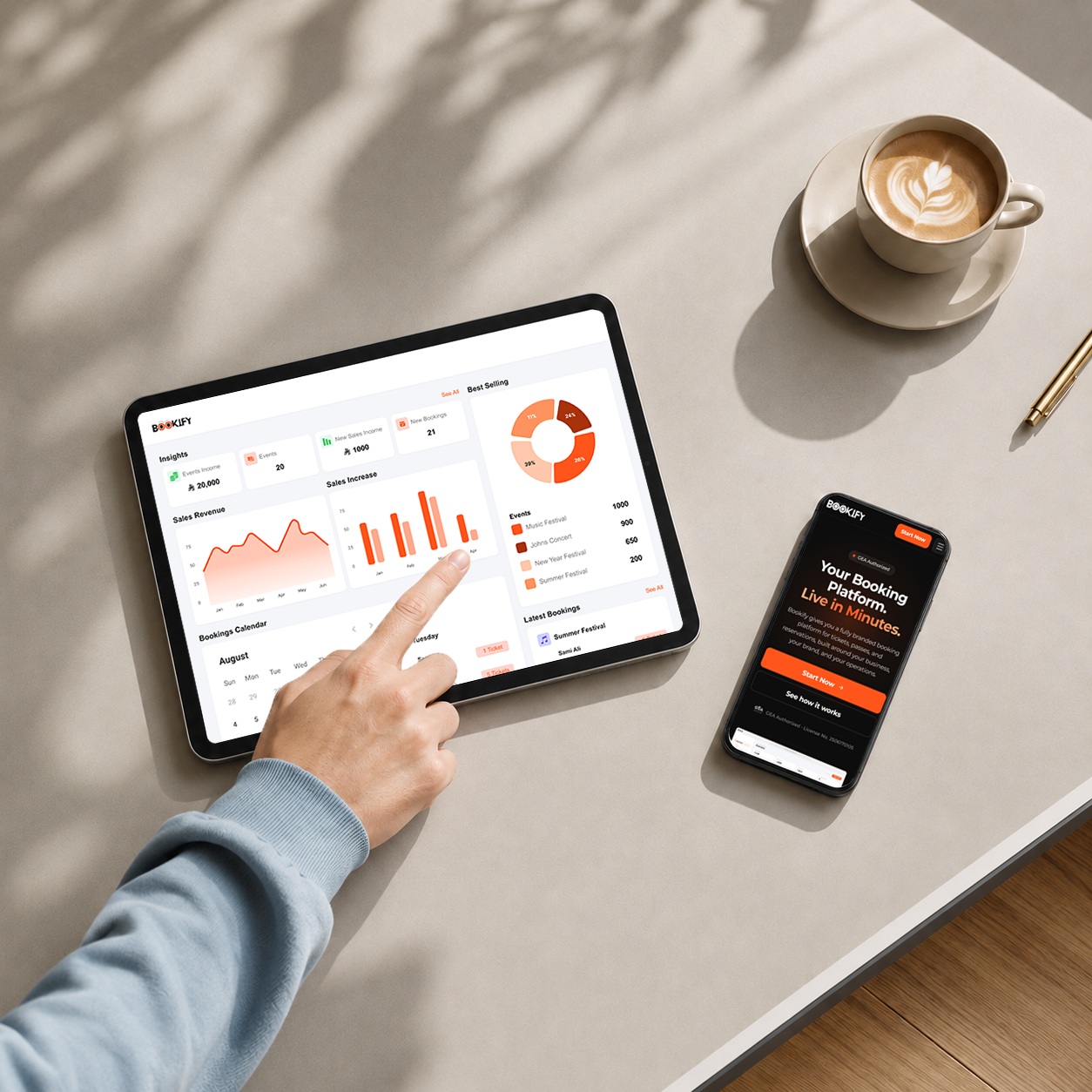 The Bookify Events dashboard on a tablet and phone