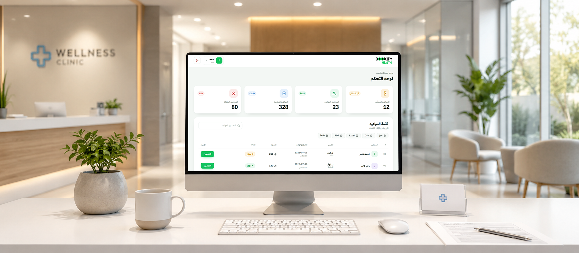 A desktop monitor in a clinic reception showing the Bookify Health dashboard