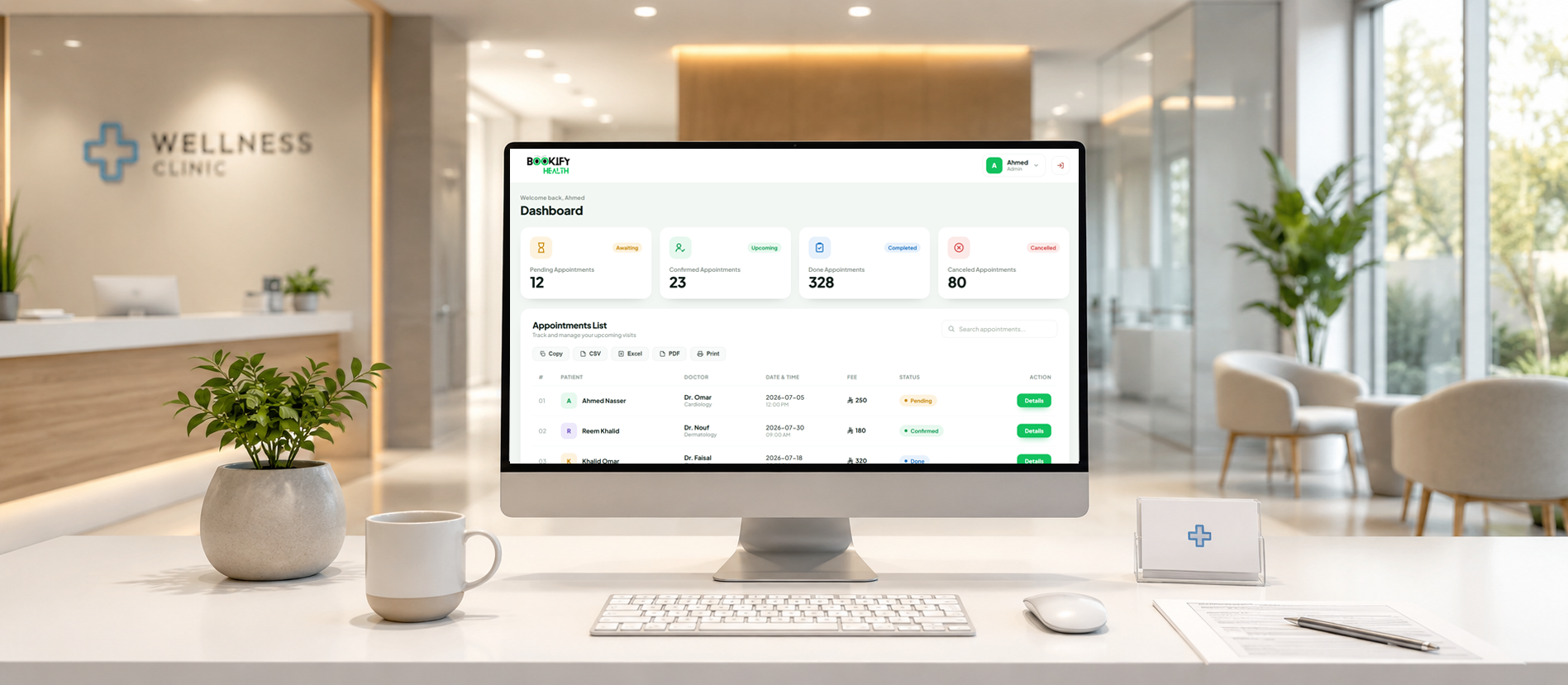 A desktop monitor in a clinic reception showing the Bookify Health dashboard