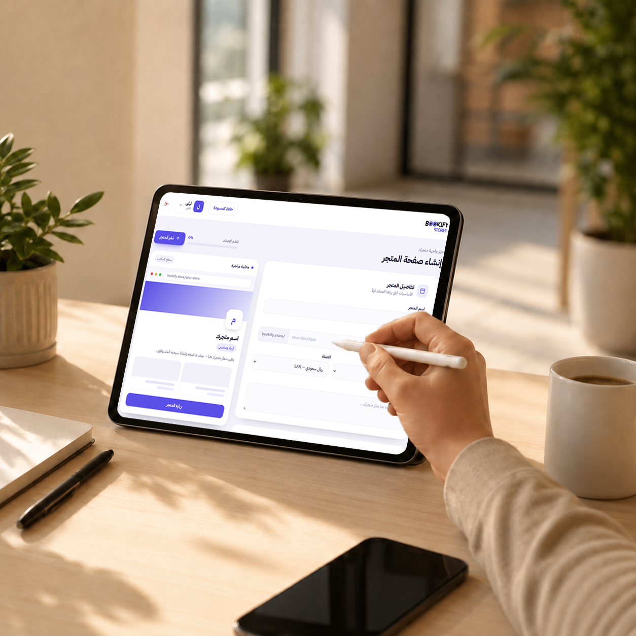 A merchant setting up their store page on a tablet with the Bookify Stores builder