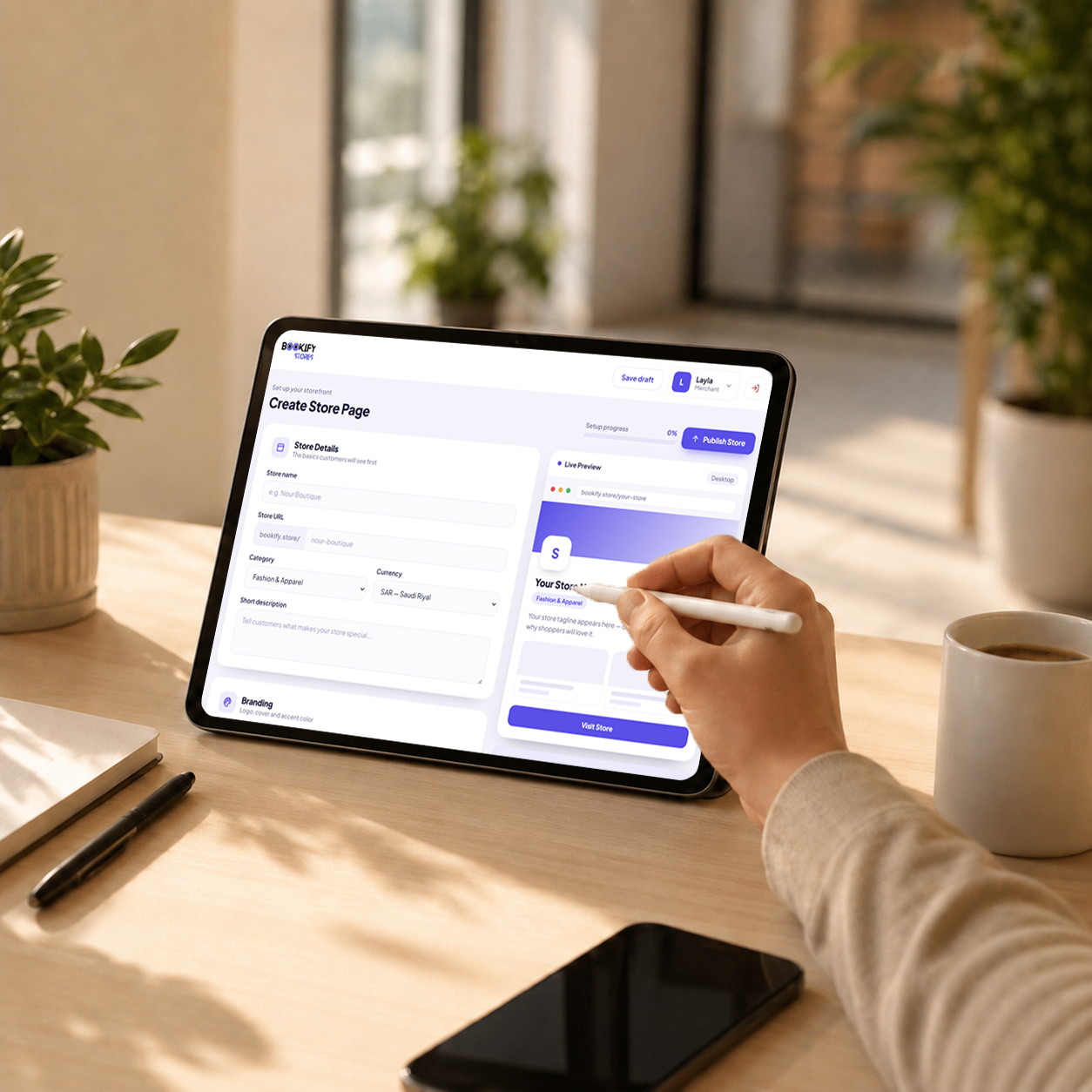 A merchant setting up their store page on a tablet with the Bookify Stores builder